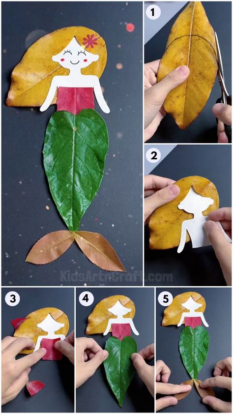 Easy Leaf Art and Craft Step by Step Tutorial For Kids Check more at https://www.kidsartncraft.com/leaf-art-craft-tutorial/ Leaf Fish Craft, Leaf Fairy Craft, Leaf People Craft For Kids, Elementary Crafts, Crafts Thanksgiving, Explorers Activities, Fall Arts And Crafts, Thanksgiving Crafts For Kids, Fairy Crafts