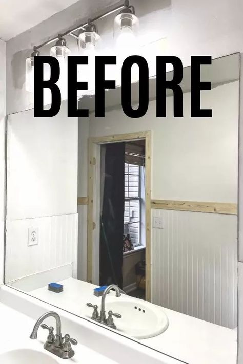 Quick and easy bathroom upgrade using a DIY mirror frame kit. How to quickly give your bathroom mirror a makeover on a budget. Easy bathroom decor idea DIY. Builder Grade Bathroom Mirror, Bathroom Mirror Diy, Easy Bathroom Decor, Easy Bathroom Upgrades, Builder Grade Bathroom, Diy Mirror Frame, Decorative Bathroom Mirrors, Bathroom Mirrors Diy, Large Bathroom Mirrors