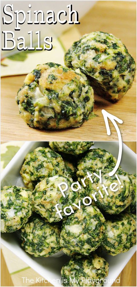 Spinach Balls | The Kitchen is My Playground Spinach Bites, The Kitchen Is My Playground, Spinach Balls, Hot Appetizers, Appetizers Easy Finger Food, Best Appetizer Recipes, Appetizer Bites, Appetizers And Dips, Spinach Recipes