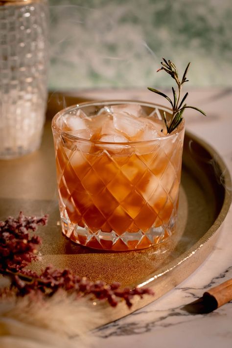 Fireside Cocktail (Non-Alcoholic) - Fanciful Eats Fire Cocktails, Unique Recipes Desserts, Apple Cider Syrup, Kitchen Torch, Spiced Apple Cider, Non Alcoholic Cocktails, Rosemary Sprigs, Unique Desserts, Cozy Season