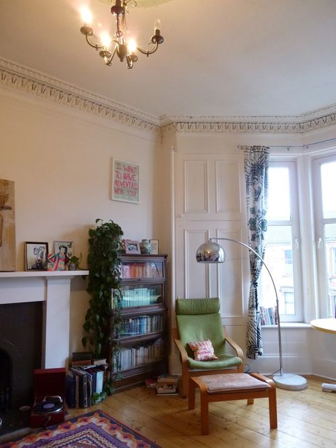 I love my living room. Moulding pretty typical for a Glasgow tenement in this area. So much light! Living Room Moulding, Glasgow Apartment, University Rooms, Flat Decor, Uni Room, Flat Interior, Flat Ideas, My Living Room, Eclectic Home