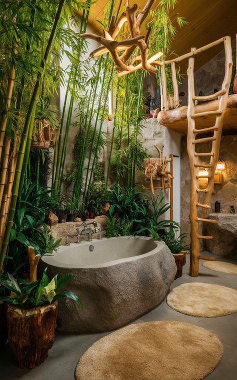 Nature Aesthetic Home, Lakehouse Bathroom, Bathtub Outdoor, Shower Plants, Bungalow Hotel, Jungle Bathroom, Village Aesthetic, Tropical Homes, Constructivism Architecture