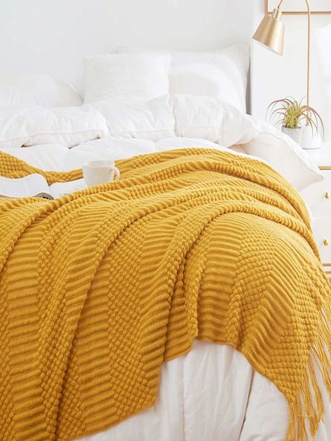 Yellow Throw Blanket Bedroom, Yellow Accent Bedroom Ideas, Mustard Yellow Throw Blanket, Yellow Blanket Bedroom, Grey And Mustard Bedroom Ideas, White And Mustard Bedroom, Mustard Color Bedroom Ideas, Black White And Yellow Bedroom, Mustard Accents Living Room