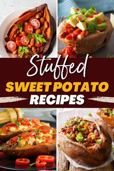 Stuffed Yam Recipes, Stuffed Sweet Potato Dinner, Sweet Potato Baked Potato, Stuffed Sweet Potato Recipes Vegetarian, Stuffed Sweet Potato Breakfast, Veggie Stuffed Sweet Potato, Sweet Potato For Lunch, Filled Sweet Potato Recipes, Sweet Potatoes Toppings