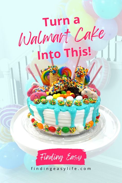 Candy Topped Birthday Cake, Candyland Cake Ideas, Candy Land Birthday Cake, Candy Theme Cake, Walmart Cake, Candy Birthday Cake, Drip Cake Tutorial, Candy Land Cake, Walmart Cakes