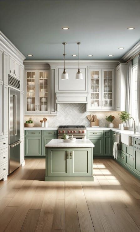 30 Stunning Kitchen Ideas Featuring Sage Green Cabinets 46 Green Cream Kitchen Cabinets, Sage Coloured Kitchen, Cream And Green Cabinets Kitchen, Blue And Sage Kitchen, Teo Toned Kitchen Ideas, Oak And Sage Green Kitchen, Light Blue And Green Kitchen, Sage Green And Cream Kitchen Cabinets, Green Bottom Cabinets White Upper