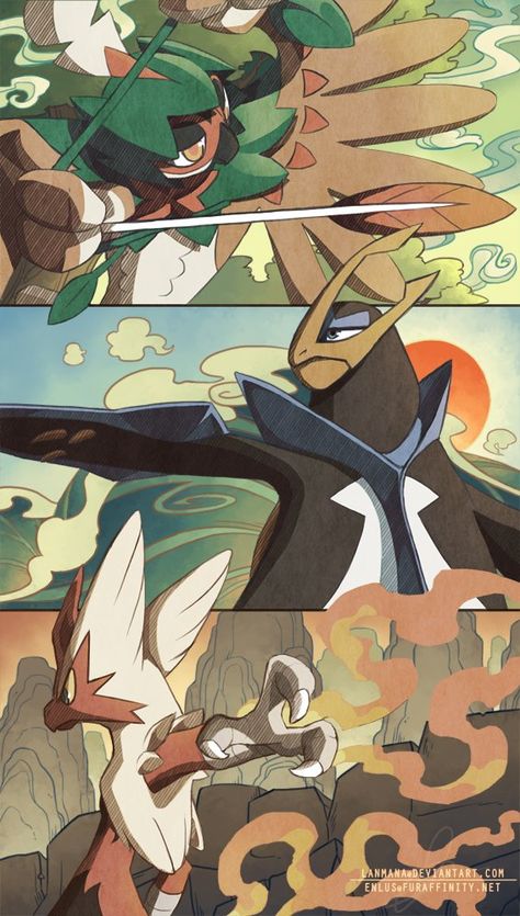 "The Archer, The Samurai, and The Monk" Bird Pokemon, Pokemon Team, Pokemon Starters, Pokemon Backgrounds, Cool Pokemon Wallpapers, Hxh Characters, Three Birds, Pokemon Images, Pokemon Comics