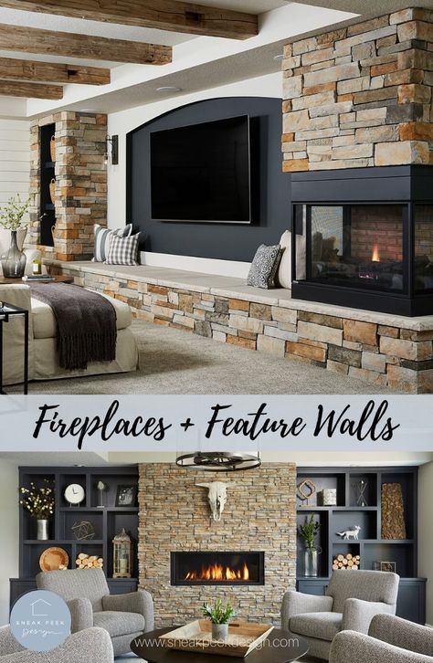 Wood Fireplace Tv, Fireplace Ideas With Tv And Shelves, Fireplace Tv Side By Side, Fireplace On Diagonal Wall, Fireplace In Front Of Window, Side Fireplace Ideas, Side By Side Tv Fireplace Wall, Living Room Fireplace And Tv, Off Set Fireplaces