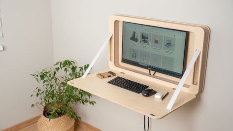 Wall Mounted Folding Murphy Desk - Etsy Home Office Hide Screen, Wall Folding Desk, Fold Out Desk From Wall, Hide Monitor On Desk, Hideaway Computer Desk, Wall Mounted Folding Desk, Flip Top Desk, Desk For Small Spaces, Murphy Desk