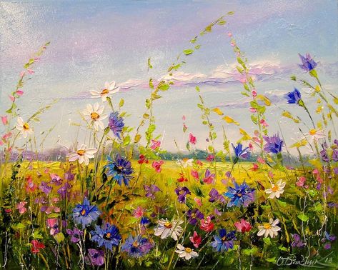 Wildflower Garden Painting, Forest Flowers Painting, Wild Flower Acrylic Painting, Flower Painting Landscape, Meadow Aesthetic Painting, Painting Inspo Flowers, Flower Meadow Drawing, Oil Art Painting Ideas, Meadow Drawing