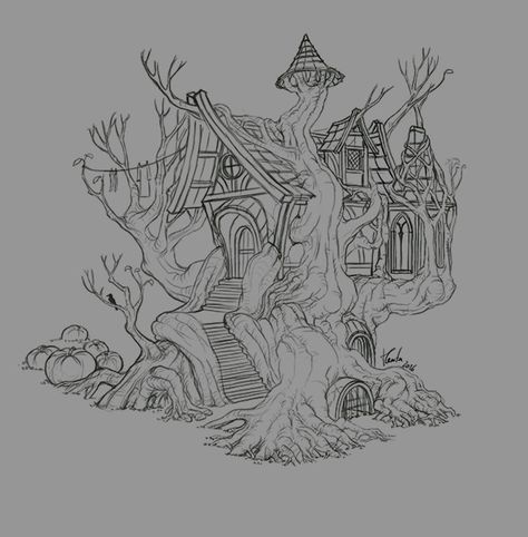 ArtStation - Witch House Skecth , Tânia Guita Witch Cottage Drawing, Witch House Tattoo, Tree House Tattoo, Witch House Drawing, Cottage Drawing, Tree House Drawing, Witch Drawing, Witch Cottage, Fairy Drawings