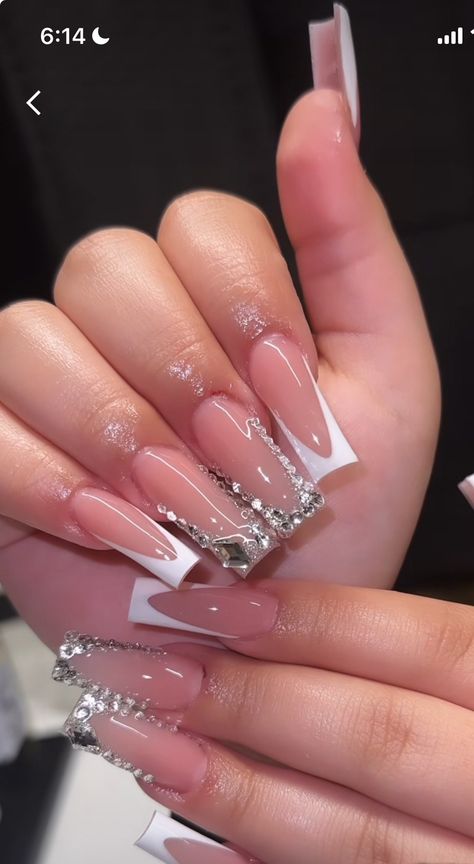 Silver Nails With Diamonds, White Rhinestone Acrylic Nails, Birthday Nail Set Ideas December, French Tip With Gems Rhinestones, Rhinestone Acrylics, Silver Diamond Nails, Silver Nails With Rhinestones, Silver Square Nails, Silver Acrylic Nail Designs