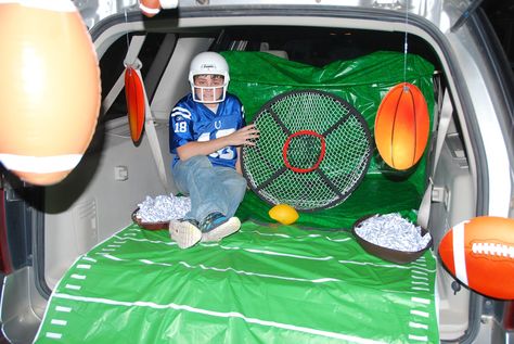 1 football Football Trunk Or Treat, Trunk Or Treat Decorating Ideas, Trunk And Treat, Trunk Or Treat Halloween, Halloween Car Decorations, Trunker Treat Ideas, Church Trunk, Halloween Trunk Or Treat, Car Decorating