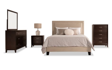 Tremont 5 Piece Queen Beige Upholstered Bedroom Set with Chest | Bob's Discount Furniture Espresso Bedroom Furniture, Gray Upholstered Bed, Idea Bilik Tidur, Grey Bedroom Set, Upholstered Bedroom Set, Upholstered Bedroom, Bob's Discount Furniture, Bedroom Panel, Classic Bedroom