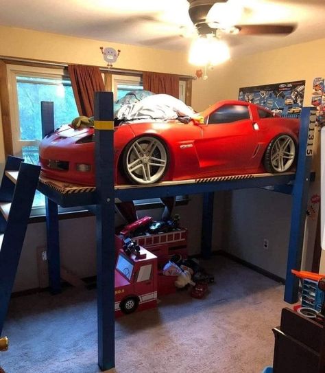 Kids Bedroom Design Ideas, Boys Car Bedroom, Boy Car Room, Race Car Bedroom, Build Stairs, Cars Bedroom Decor, Kids Car Bed, Car Themed Bedrooms, Bed Idea