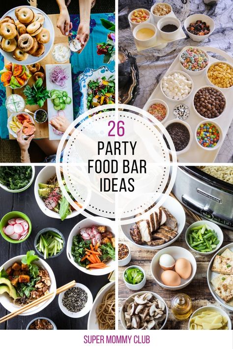 These party food bar ideas are INSPIRED! Perfect for baby showers and weddings too! Fun Party Food Themes, Diy Dinner Bar Ideas, Make Your Own Food Bar Ideas, Themed Food Parties, Dinner Bar Ideas, Menu For Birthday Party, Food Themes For Parties, Party Menu Ideas Buffet, Buffet Party Ideas