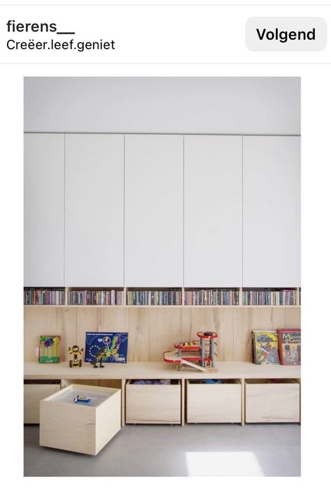 Ikea Kids Room Modern, Kids Storage Solution, Organized Toy Room, Playroom Paneling, Montessori Living Room Ideas, Kids Storage Living Room, Trofast Bench, Playroom Storage Cabinets, Built In Toy Storage