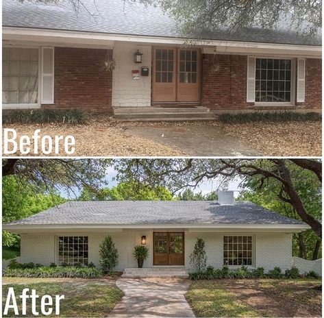 Bungalow Exterior Makeover, Brick Ranch Exterior Makeover, Ranch Exterior Makeover, Brick Ranch Exterior, Brick House Exterior Makeover, Brick Ranch Houses, Ranch Home Remodel, Single Front Door, Ranch House Remodel