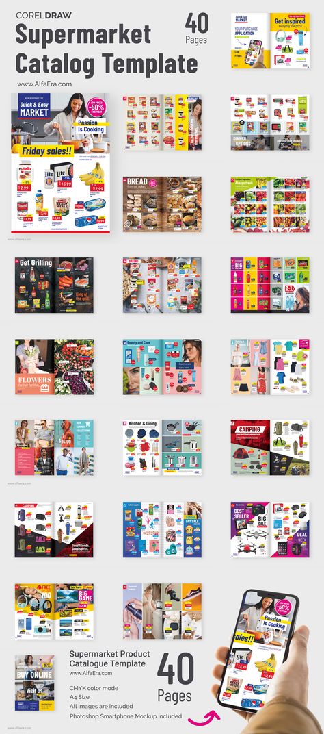 Supermarket CorelDraw Catalog Template + BONUS Photoshop Smartphone Mockup. Supermarket Catalogue, Aesthetic Supermarket, Supermarket Aesthetic, Food Catalog, Product Catalog Template, Catalog Design Layout, Smartphone Mockup, Catalogue Layout, Catalog Template