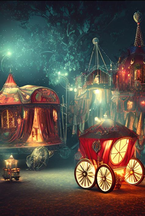 Steampunk Circus Art, Fantasy Carnival Art, Feywilds Dnd, Fantasy Caravan, Dnd Circus, Circus Core, Fantasy Circus, Steampunk Circus, Fantasy Night