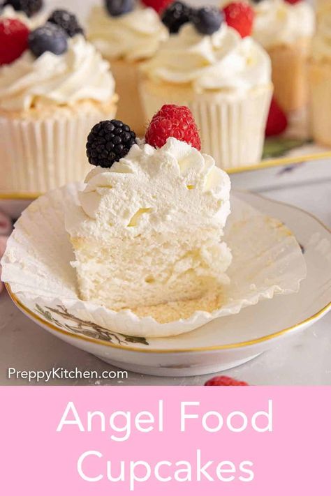 For a cupcake that is light as air, try this Angel Food Cupcakes recipe! They’re airy, soft, and tender, making for a light treat that everyone will enjoy. Topped with fluffy whipped cream and fresh berries, this dessert is so simple to make but beyond delicious. Light And Airy Cupcakes, Angel Food Cupcake Recipes, Frosting For Angel Food Cake, Angel Food Cake Cupcakes, Cookie Tips, Angel Food Cupcakes, Whipped Cream Icing, Fluffy Cupcakes, Food Cupcakes