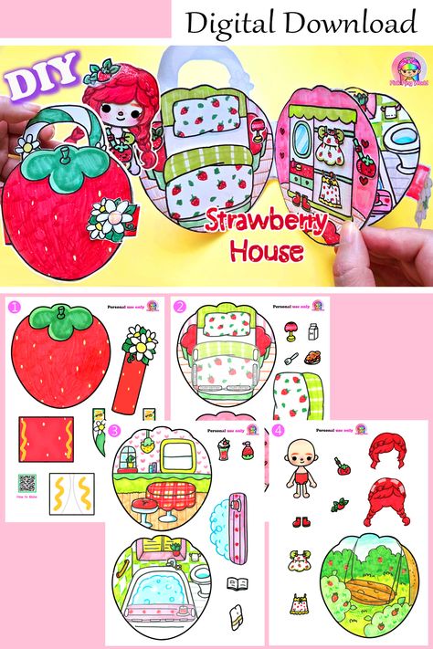 Strawberry Mini Bag House For Toca boca Paper dolls Strawberry Crafts, Strawberry House, Bag House, Paper Doll Printable, Free Printable Paper Dolls, Diy Projects For Men, Paper Doll Printable Templates, Paper Dolls Diy, Paper Doll House