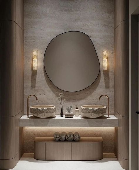 Bathroom Light Inspiration... 

The best way to light a bathroom mirror is both sides & make sure the light is shining out towards you. 

Pro Tip: Make sure your light has a cover or is diffused you don't want to be staring at a glary bulb when you're doing your makeup! 

#lighting #light #glare #mirror #residential #design #interior design Modern Powder Room Design, Latest Bathroom Tiles, Minimalist Powder Room, تصميم دورة مياه, Minimalistic Interior Design, Bathroom Lights Over Mirror, Modern Powder Room, Minimalistic Interior, White Bathroom Designs