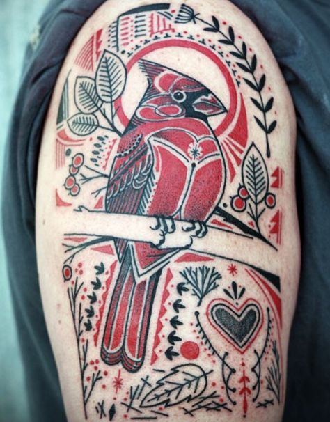 Red Cardinal with leaves and pattern tattoo by David Hale David Hale Tattoo, David Hale, Cardinal Tattoo, Cardinal Tattoos, Hawk Tattoo, Tattoo Bird, Geometric Tattoo Arm, Deer Tattoo, Raven Tattoo