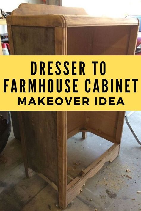 Tall Dresser In Kitchen Ideas, Converting A Dresser Into A Bookshelf, Dresser Conversion Ideas, Diy Dresser To Cabinet, Tall Dresser Refinishing Ideas, Dresser To Shelves Diy, Farmhouse Cabinets Diy, Upcycled Tall Dresser, Repurpose Tall Dresser Diy