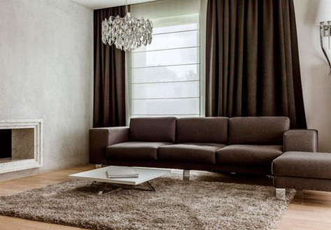 Apartment in Warsaw by Hola Design (2) Dark Brown Curtains, Brown Curtains Living Room, Duplex Condo, Apartments Ideas, Brown Walls Living Room, Dark Brown Sofas, Modern Apartment Interior, Brown Curtains, Modern Living Room Interior