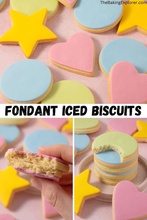 Rolled Icing Cookies, Fondant Cookies Recipe, Fondant Iced Biscuits, Iced Biscuits Recipe, Fondant Cookie Decorating, Iced Biscuits Ideas, Biscuit Icing Recipe, Cookie Fondant Decoration, Fondant Decorated Cookies