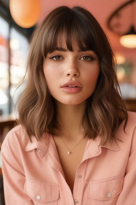 Medium Wavy Hair with Bangs, haircut for round face Messy Bun For Layered Hair, Bun For Layered Hair, Bangs Haircut For Round Face, Cute Hairstyles For Round Faces, Medium Wavy Hair With Bangs, Haircut Ideas Brown Hair, Medium Wavy Hair, Hair Beachy Waves, Hair For Round Face