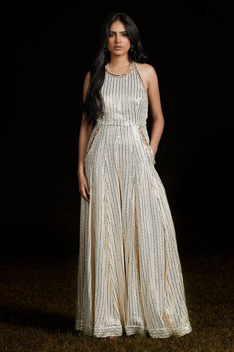 Shop for these amazing collections of Ivory Georgette Embroidered Sequins Halter Neck Flared Jumpsuit For Women by Basanti - Kapde Aur Koffee online at Aza Fashions. Indian Jumpsuit Outfit, Indian Jumpsuit, Flared Jumpsuit, Embroidered Jumpsuit, Jumpsuit For Women, Sequin Halter, Flare Jumpsuit, Jumpsuit Pattern, Jumpsuit Outfit