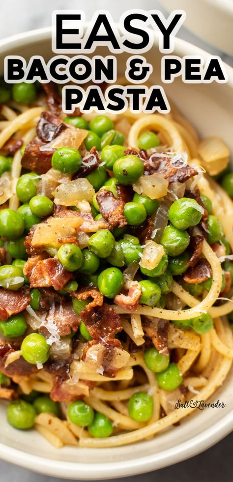 Peas Bacon Pasta, Pasta Dish With Bacon, Noodles And Bacon Recipes, Bacon And Peas Pasta, Bacon Feta Pasta, Pasta And Bacon Recipes Easy Dinners, Pasta Peas And Bacon, Alfredo With Peas And Bacon, Pea Bacon Pasta