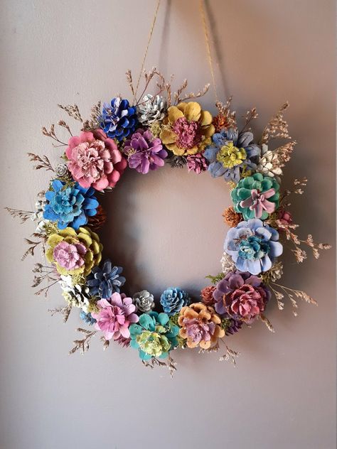 Pine Cone Flower Wreath, Pinecone Crafts, Rainbow Wreath, Painted Pinecones, Wreath Hanging, Cone Crafts, Pine Cone Art, Diy Pinecone, Pine Cone Decorations