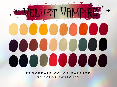 Velvet Vampire Color Palette For Procreate This color palette contains 30 color swatches to use in Procreate App. These colors were handpicked and were inspired by vampire and horror themes. ⭐️ || YOU WILL RECEIVE || ⭐️ 1 x Procreate Palette Instructions 1 x JPG file with all swatches 1 x Velvet Vampire Color Palette for Procreate || .swatches file ⭐️ || HOW TO USE || ⭐️ 1. You will receive an email after you complete checkout with a link to download the files. 2. You can also log into your Etsy Goth Pallete Color, Vampire Skin Tone Palette, Calico Color Palette, Color Palette With Red And Black, Color Palette Gothic, Halloween Color Pallet, Vampire Palette, Gothic Colour Palette, Color Swatches Colour Palettes