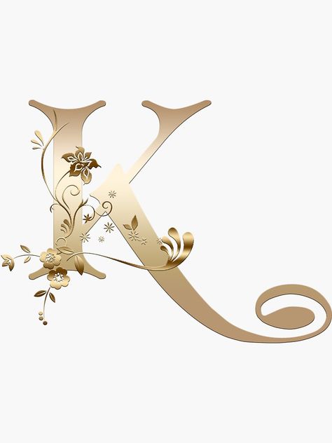 "Elegant Gold Floral Monogram Letter K" Sticker by Grafixmom | Redbubble K Monogram Letter, Letter Logo Design Alphabet Style Gold, K Letter Design Calligraphy, Letter K Art, Letters In My Name, Letters With Flowers, K Letter Images, Alpha Bet, Picture Frames Diy