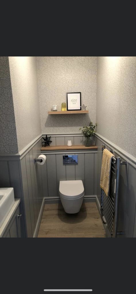 Powder Room Wood Paneling, Fuse Box Cover Ideas Hallway, Waynes Coating, Cloakroom Ideas, Downstairs Wc, Toilet Closet, Small Downstairs Toilet, Fuse Box Cover, Cloakroom Toilet