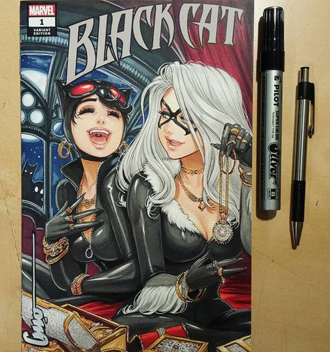 Omar Dogan on Instagram: “( Original : Sold ) #blackcat and #catwoman having a great time. Took a while on this one , I will try some more crazy jewellery on some…” Omar Dogan, Black Cat Comics, Catwoman Comic, Image Spiderman, Black Cat Marvel, Cat Woman, Cat Comics, Arte Dc Comics, Comics Girl