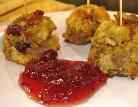 Sausage-Stuffing-Balls-with-Cranberry-Dipping-Sauce_web Sausage Stuffing Bites, Cranberry Dipping Sauce, Stuffing Bites, Recipe For Sausage, Cranberry Dip, Stuffing Balls, Breakfast Sausage Recipes, Gathering Ideas, Sausage Stuffing