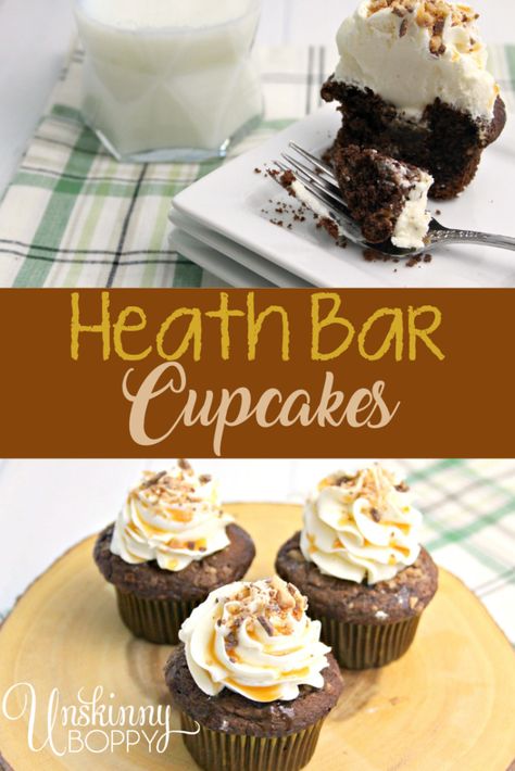 Heath Cupcakes, Easy Bar Recipes, Heath Bar, Salted Caramel Frosting, Best Chocolate Desserts, Heath Bars, Homemade Snickers, Caramel Frosting, Cupcake Recipes Chocolate