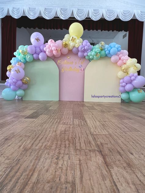 Butterflies and pastel balloons. 1st birthday party Pastel Rainbow Butterfly Birthday Party, Pastel Butterfly Birthday Party, Rainbow Butterfly Birthday, Balloon Colors, Pastel Butterfly, Rainbow Theme Party, Butterfly Birthday Party, Pastel Butterflies, Pastel Balloons