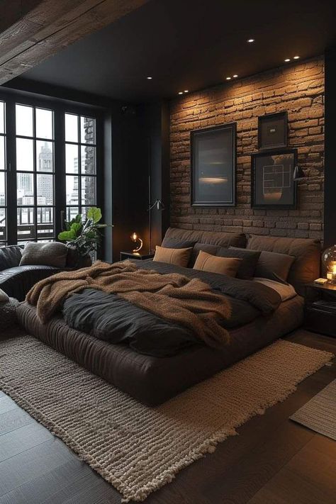 Neutral Masculine Bedroom Ideas, Black Room With Accent Wall, Bachelor Pad Minimalist, Slate Gray Bedroom Ideas, Dark Men’s Bedroom, Wood Slate Bedroom Wall, Interior Design Male Bedroom, Black And Wood Interior Design Bedroom, Brown And Gold Interior Design