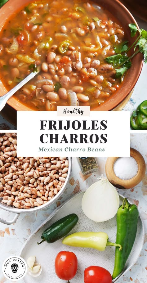 Frijoles Charros are easy to make and are absolutely delicious beans. This is a HEALTHY recipe for Mexican Charro Beans with onion, peppers, tomato and cilantro. So much flavor!🌶️🍅🌿 Homemade Charro Beans, Ranchero Beans Mexican, Authentic Charro Beans Mexican, Charro Beans Stovetop, Frijoles Charros Recipe Mexico, Easy Authentic Mexican Recipes, Charro Beans Mexican, Authentic Mexican Beans, Ranchero Beans Recipe