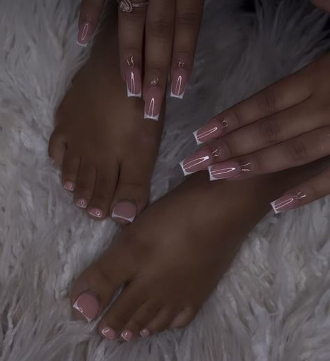 Matching French Tip Nails And Toes, Toes And Nails Matching Color Combos, Matching Toes And Nails Acrylic, Nails Acrylic Black Women, Matching Toes And Nails, Acrylic Nails Black Women, Nails And Feet Set, Nail And Toes Matching Ideas, Matching Nail And Toe Sets