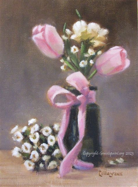 "8 x 6\" Oil on canvas sheet Quality materials Pink tulips dressed in Ribbon and bow Given a lacy look with tiny White  daisy-like flowers (Tulips are a bit pinker than the digital images can show, and mat looks shadowy here but is pure white) Unframed, but in a white mat that measures out to 12 x 9\" Comes in a cellophane sleeve" Canvas Art Pink Aesthetic, Tulip Bouquet Painting, Tulip Painting Aesthetic, Pink Tulip Painting, Vase With Flowers Painting, Pink Paintings On Canvas, Flower Paintings On Canvas, Tulip Paintings, Ribbon Painting