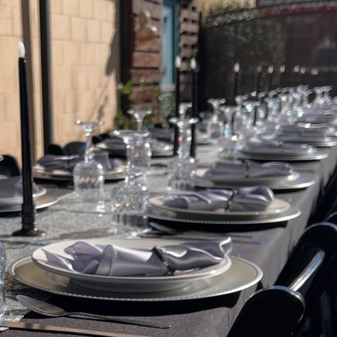 Elegant Black & Silver Celebration Vibes 🖤. ✨A perfect blend of sophistication and style. Black and silver details create a timeless look for your special day. ✨🍽️. DM us for bookings! 💌 #ElegantEvents #BlackAndSilverTheme #LuxuryDecor #PartyPerfection #partyideas Curtains Backdrop, Silver Theme, Curtain Backdrops, Elegant Curtains, Luxury Decor, Black And Silver, Your Special, Special Day, Black Silver