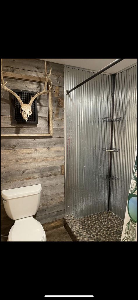 Tin Bathroom Ideas, Mobile Home Bathroom Ideas, Metal Shower Walls, Tin Shower, Converted Bus For Sale, Tin Bathroom, Nyack New York, Happy School, Mobile Home Bathroom