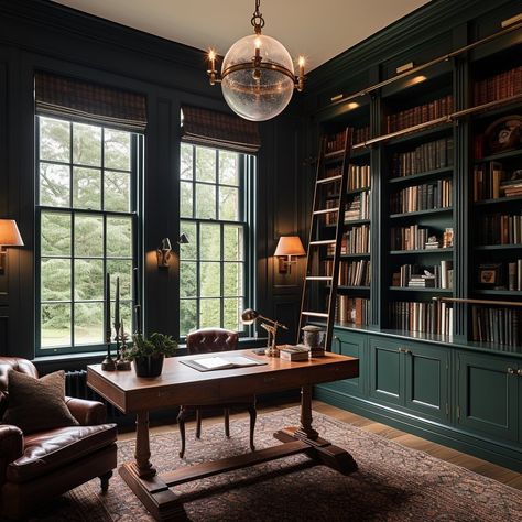 What color should I do next? Green has withstood the test of time and will always bring a bit of coziness and class to your home! Here… | Instagram Dark Green Office Library, Forest Green Study Room, Deep Green Library, Dark Green Aesthetic Library, Green Office Library, Essex Green Office, House Green Interior, Green Bookshelf Wall, Emerald Green Bookshelf