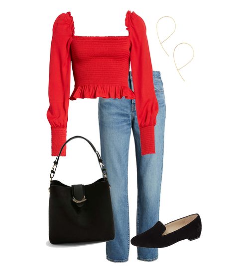 5 Valentine’s Day Outfits That Aren’t a Red Dress | The Everygirl Red Top Valentines Day Outfit, Simple Valentine’s Day Outfit, Simple Valentine’s Day Outfit Ideas, Valentines Day Outfit Ideas For Women, Elegant Everyday Chain Necklace For Valentine's Day, Casual Red Shirt For Valentine's Day, Beige Heels Outfit, Red Shirt Outfits, Black Bag Outfit